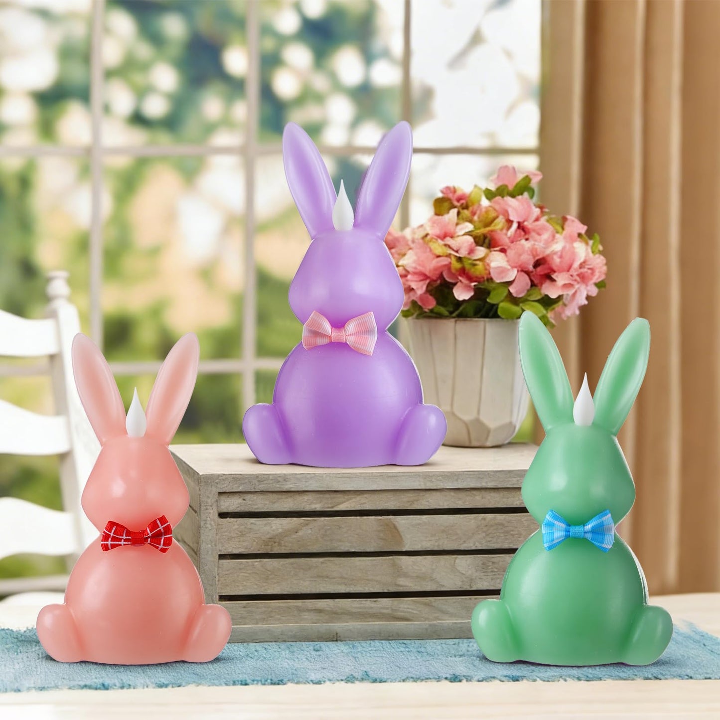 LCZLUMIPRO 3PCS Easter Bunny Flameless Candles, LED Easter Candles Battery Operated Rabbit-Shaped Real Wax Pink Purple Green,Spring Party Decoration Centerpiece Table Home Decor (No Remote)