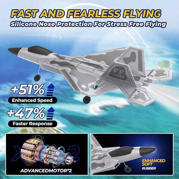 F22 Remote Control Airplane 4 Channel with Lights 2.4G RC Fighter Plane with 6-axis Gyro Stabilizer for Beginner RTF RC Plane 2 Batteries 37min Flight Time - 19in*14in