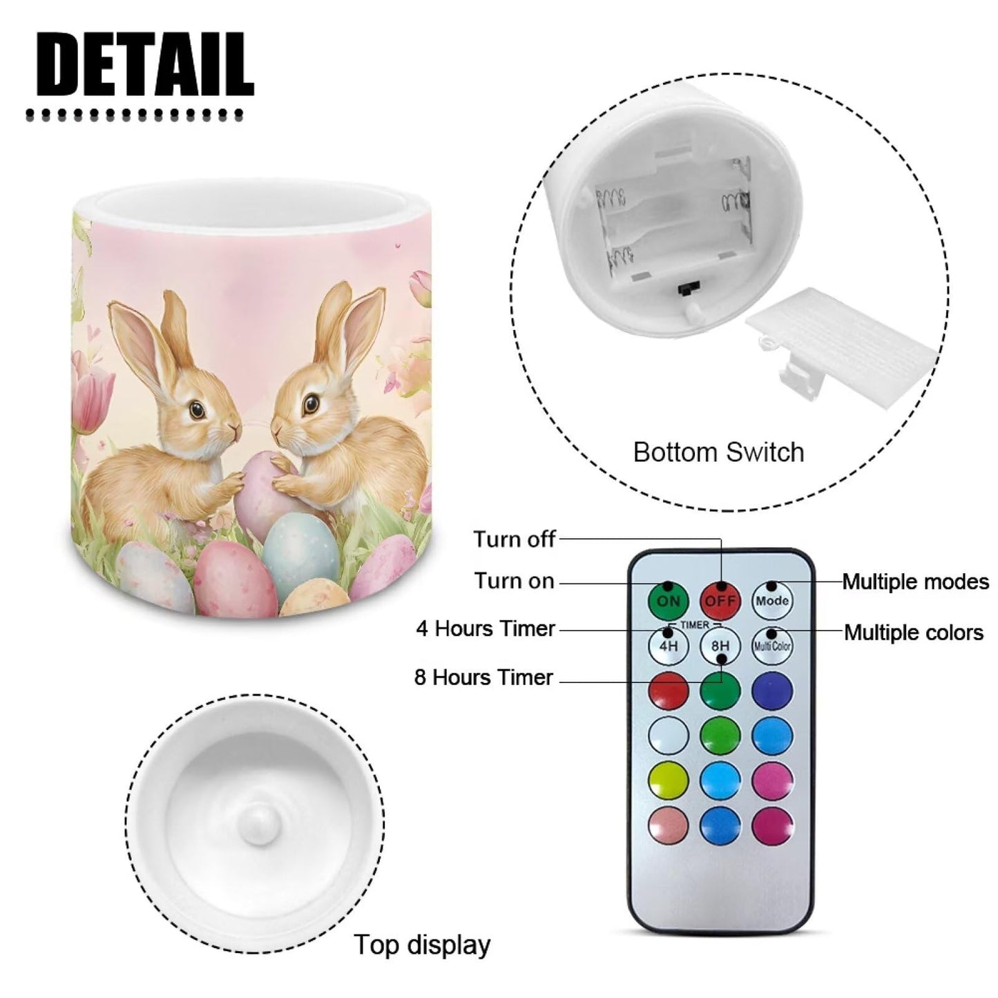 Merkmak Pack of 4 Easter Day Flameless Candles with Remote Battery Operated Candles with Timer Flickering LED Elictric Pillar Tealights for Party Decorations, Easter Egg Bunny Tulip