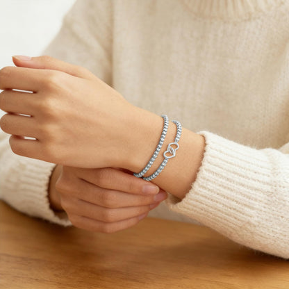 Silver Beaded Bracelets for Women 14K Silver Double-heart Bracelet Handmade Stackable Bracelets for Women Trendy Non Tarnish Bracelet Jewelry Gift for Womens 2Pcs (08.Double-heart+Beaded (Silver))