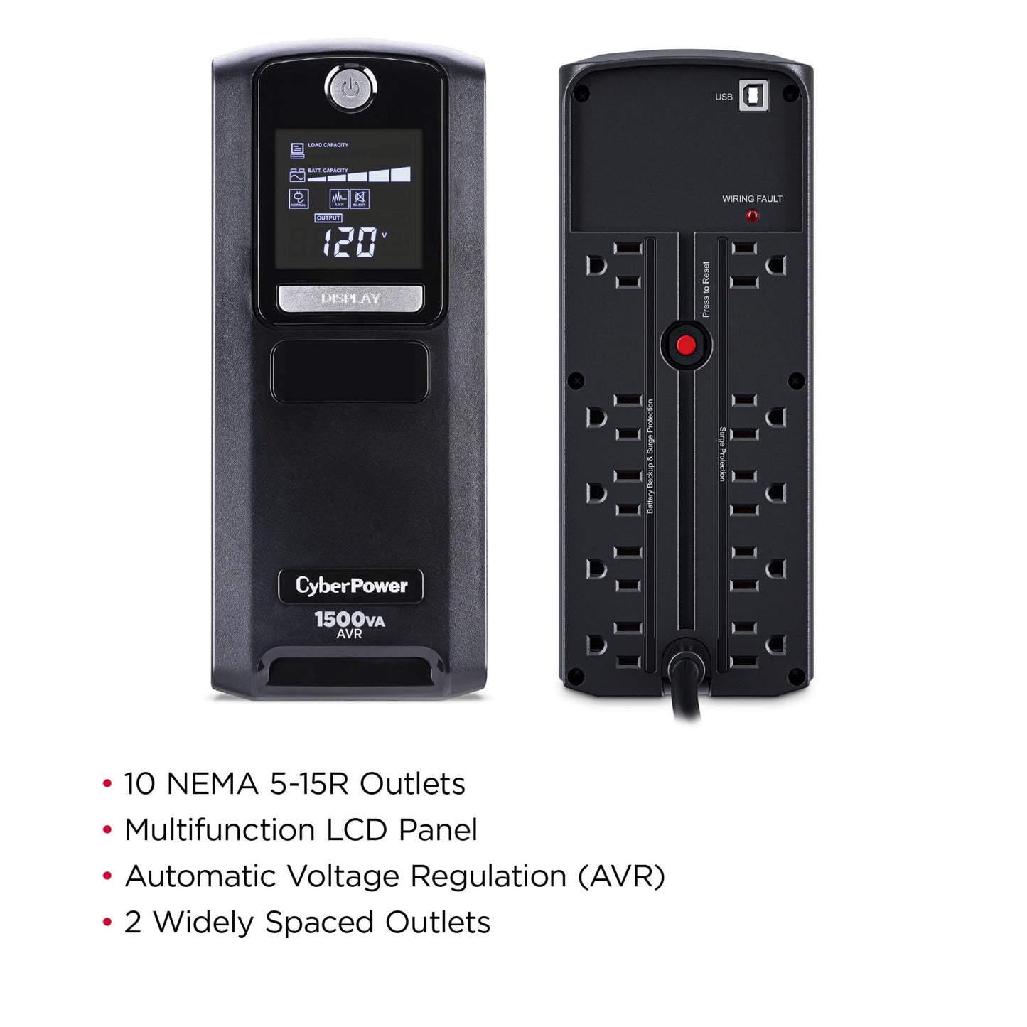 CyberPower CP1500GAVR Line‑Interactive UPS Battery Backup, 1500VA/900W, AVR, 10 Outlets, LCD Display, Mini-Tower, UL Certified