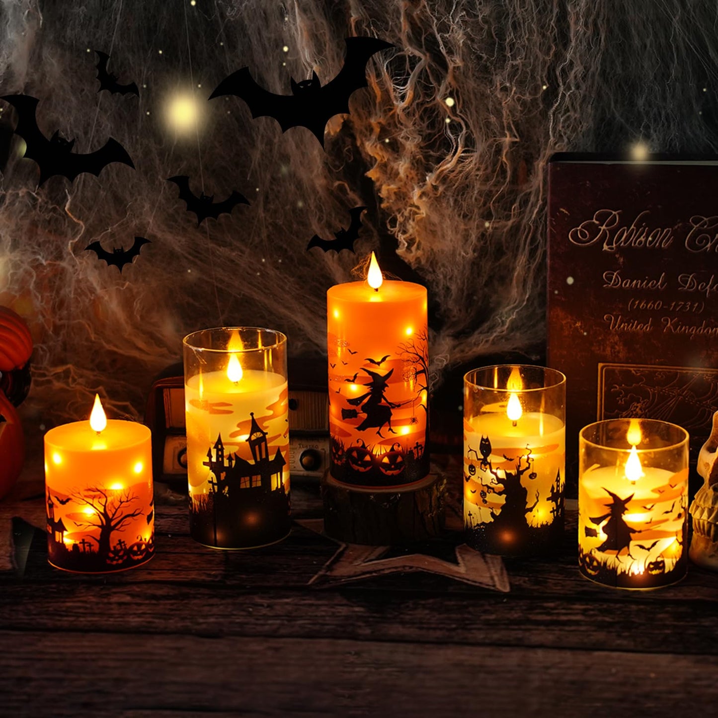 JINYANIA Flameless Candles Real Wax Realistic Halloween Candles with Glass Shell, Battery Operated LED Pillar Candle with Remote Timer, Ideal for Halloween Home Decor（D 3"*H 4" 5" 6" ）