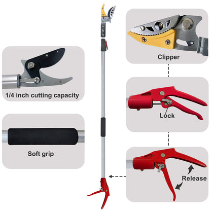 Prunrt Telescopic Tree Trimmer 5.8-10 FT with 2 Section, 4 Node Adjustable, Cut and Hold Pruner, Pole Saw Extendable, Long Handle Fruit Picker, Branch Cutter, Loppers, Clippers With Hook