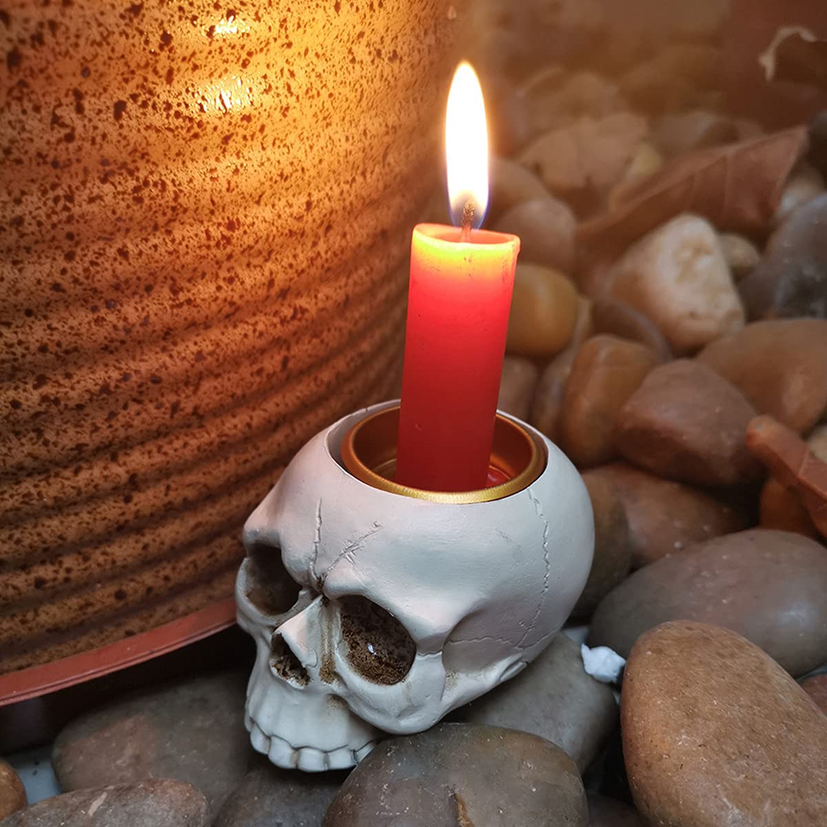 UnionKK Pack of 2 Halloween Decorative Skull Candlestick Holder Resin Skeleton Candle Holder Home Bar Decoration (White 2PCS)