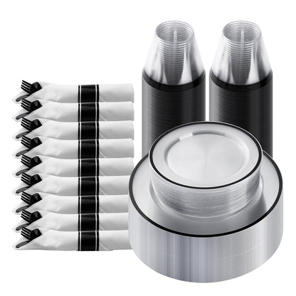 Goodluck 175 Piece Black Plastic Dinnerware Set for Party, Clear Disposable Plates for 25 Guests, Include: 25 Dinner Plastic Plates, 25 Dessert Plates, 25 Pre Rolled Napkins with Cutlery Set, 25 Cups