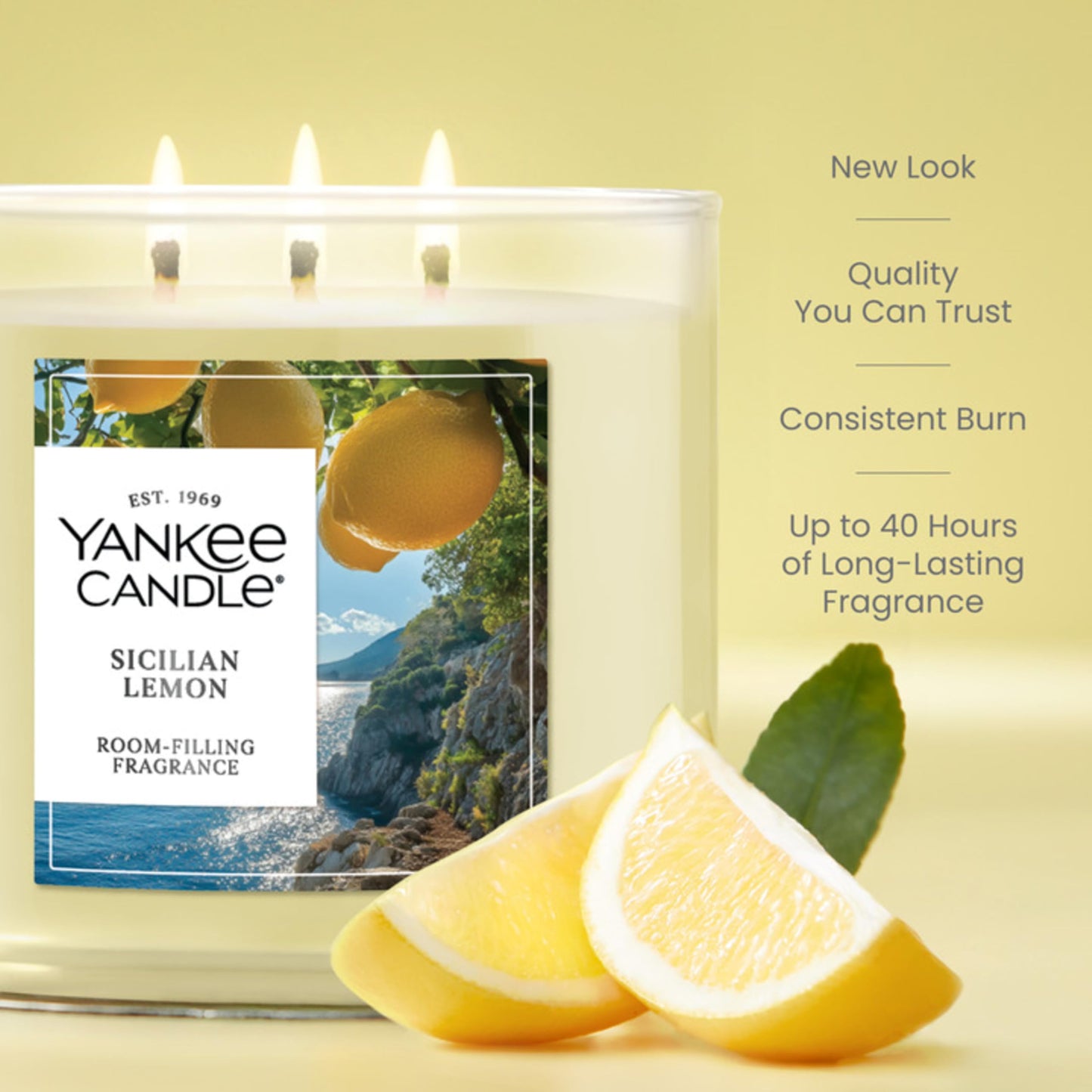 Yankee Candle Sicilian Lemon, Scented Candle, 14.5oz 3-Wick Candle Jar with up to 40 Hours Burn Time