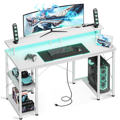 ODK 48 inch Gaming Desk with LED Lights & Power Outlets, Computer Desk with Monitor Stand & Storage Shelves, CPU Stand, Home Office Desk, White