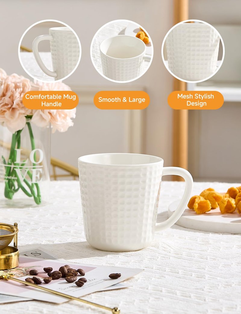 14oz Ceramic Coffee Mugs Set of 4 - Embossed Grid Texture Coffee Cups -Modern Minimalist Coffee Mug for Latte, Cappuccino & Cocoa - Dishwasher & Microwave Safe - Ideal Mother's Day & Wedding Gift
