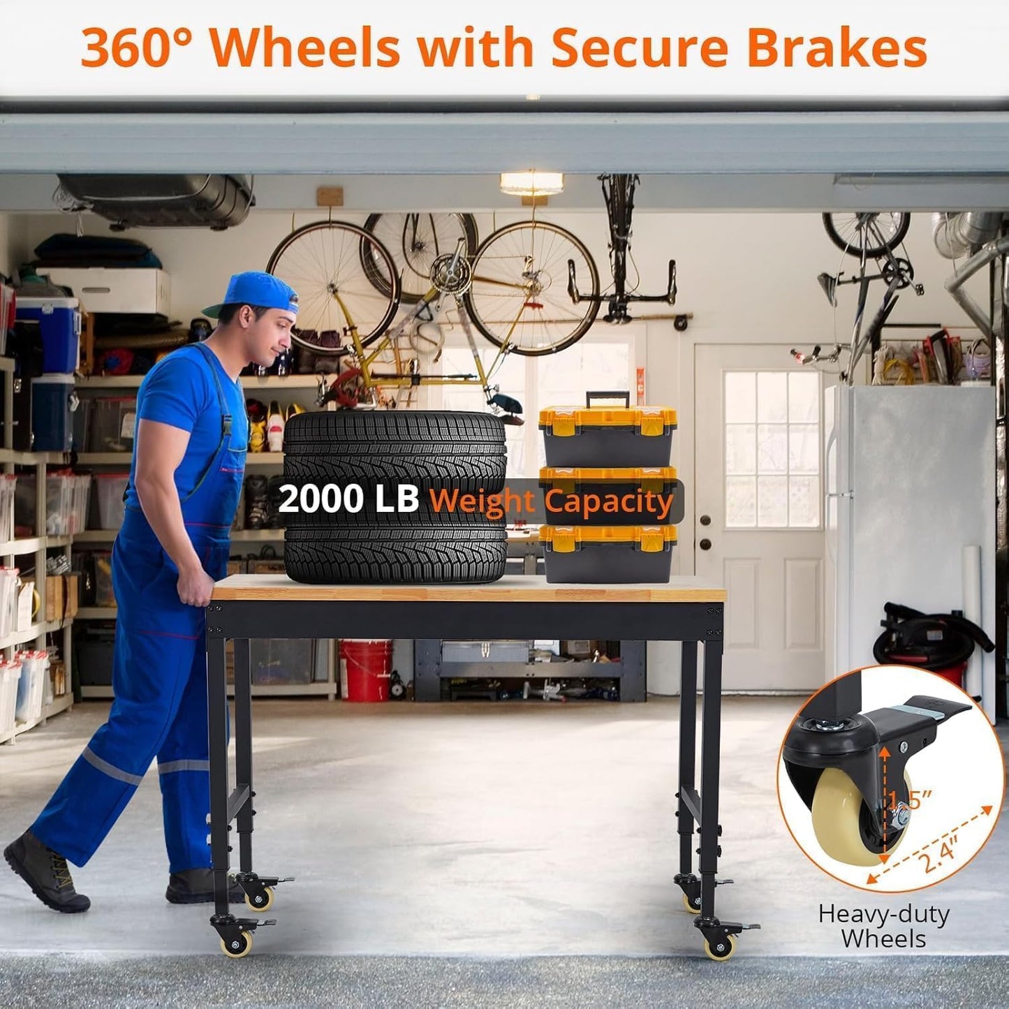 60" Adjustable Workbench with Wheels, Heavy Duty Mobile Work Table, 2000LB Capacity, Hardwood Top, Power Outlets, Rolling Garage Workbench for Workshop, Craft, Office