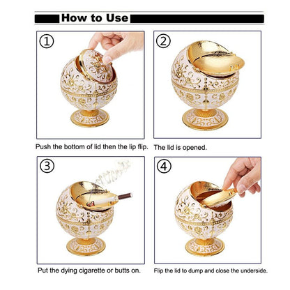 LAUYOO Windproof Ashtray with Lid for Cigarettes Metal Portable Cigar Ashtray Odor Eliminator for Indoor outdoor Hand Stamped Rose Pattern with Sparkle Fancy Gift for Men Women(Jade white-Gold Rose)