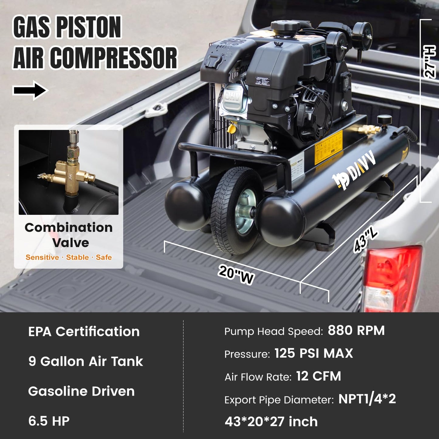 HPDAVV 6.5HP Gas Powered Air Compressor with Wheels 9 Gallon Air Tank 12 CFM Wheelbarrow Gasoline Powered Piston Air Compressor Max.125PSI for Workshop, Machinery, Construction Sites
