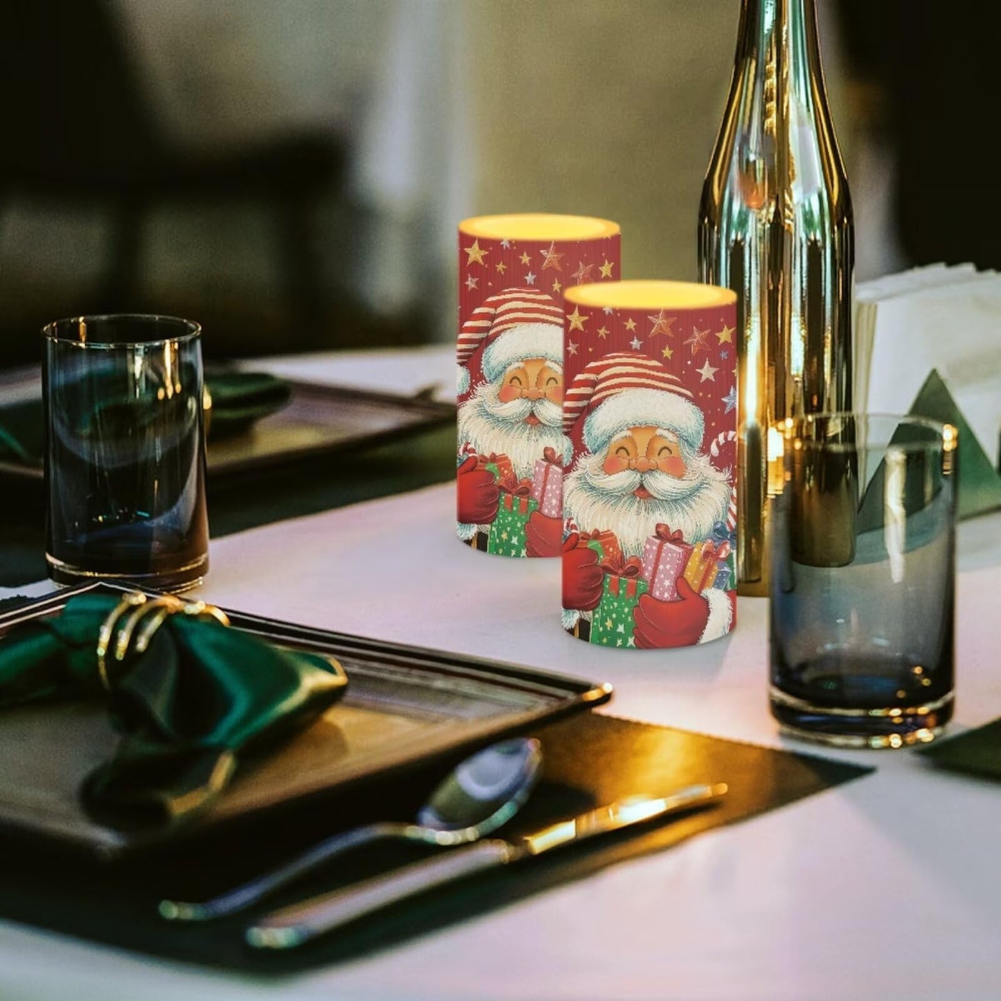 Luarisgur Red LED Candles with Remote Flickering Flameless Candles Santa Claus Stars Battery Operated Fake Pillar Candles Christmas Decorations for Bedroom Living Room Dining Room Table Decor