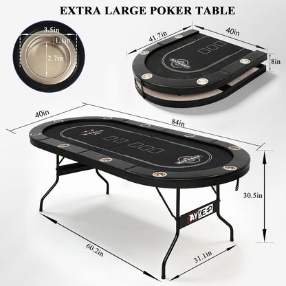 RAYKEEP 10 Player Poker Table Foldable, 84" Folding Blackjack Texas Holdem Table, Portable Casino Leisure Card Board Game Table with Cup Holders and Padded Rails for Game Room (Black)