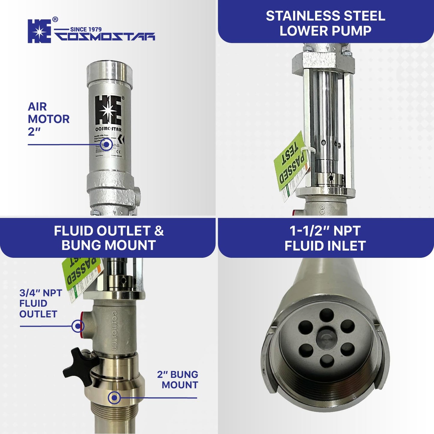 COSMOSTAR 1:1 Air Operated Pneumatic Piston Pump for 55 Gallon Drum Teflon Packing Oil Chemical Transfer Pumps