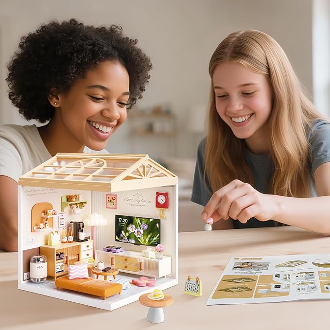 DIY Miniature House Kit for Adults LED Living Room Dollhouse Kit with Furniture &amp Roof Creative Building Toy for Mini Figures Adult Craft Kits &amp Room Decor Gift