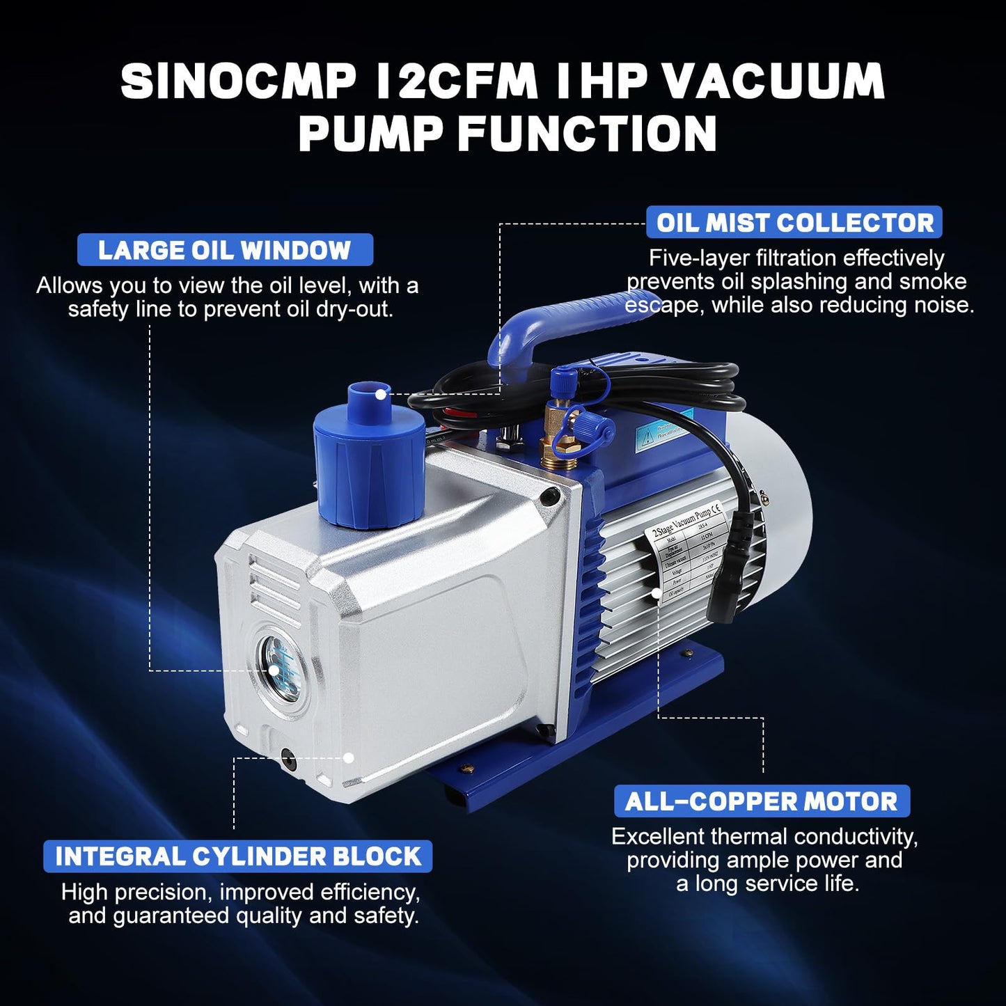 SINOCMP 12CFM Vacuum Pump 1HP Double Stage 110v 60HZ Air Conditioning Vacuum Pump HVAC Air Tool Rotary Vane for Auto Manifold Refrigerant Systems