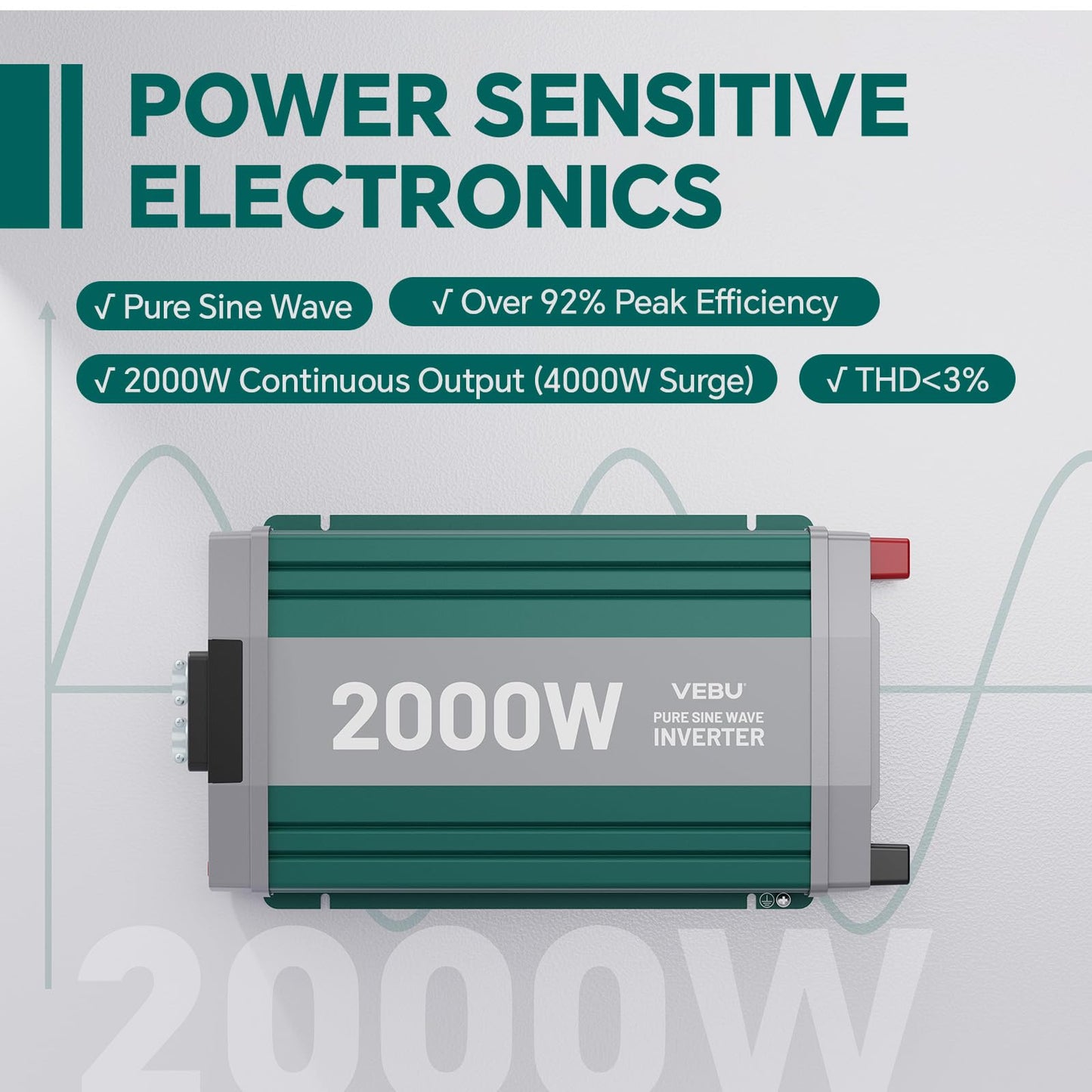 VEBU 2000W Pure Sine Wave Inverter with ATS Mode, 12V DC to AC 120V Converter for Off-Grid System, RV, Truck, Camping, Peak 4000W