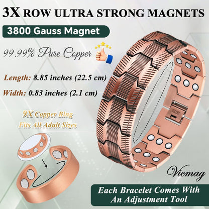 Vicmag Copper Magnetic Bracelet for Men, 3X Strength Magnets, Pure Copper Bracelet & 9X Magnet Ring Set, Adjustable Fit with Sizing Tool(Textured Copper)