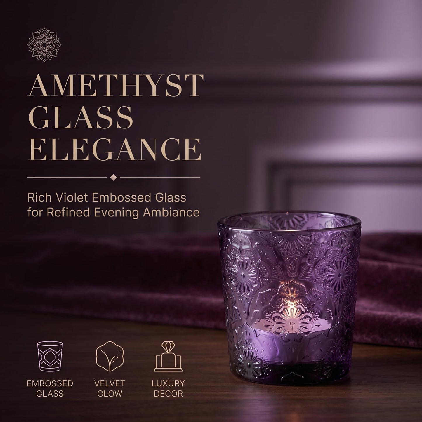 12 Pack Mandala Embossed Glass Candle Holders – Votive Tealight Holders with Patent Design, Decorative Embossed Glass Cups for Wedding Centerpieces, Parties, and Home Décor (Amethyst Bloom)