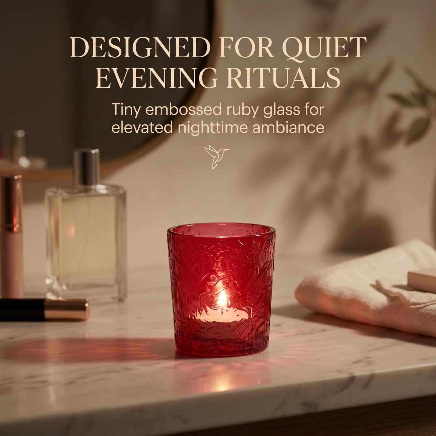 6 Pack Hummingbird Embossed Glass Candle Holders Votive Tealight Holders with Patent Design, Decorative Cups for Wedding Centerpieces, Parties, and Home Decor (Crimson Glow)
