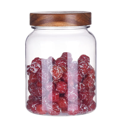 YUEJUM 42 Fluid Ounces Unbreakable & Dishwasher Safe Plastic Apothecary Jar with Wooden Airtight Screw Top Lid, Food Storage Canister for Sugar, Tea, Spices, Coffee, Cookie, Candy Containers