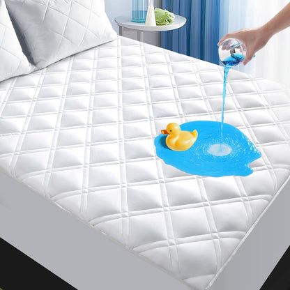 MEELUS Padded Queen Mattress Protector - Breathable Waterproof Cover with Deep Pockets | Soft, Noiseless, Washable, White