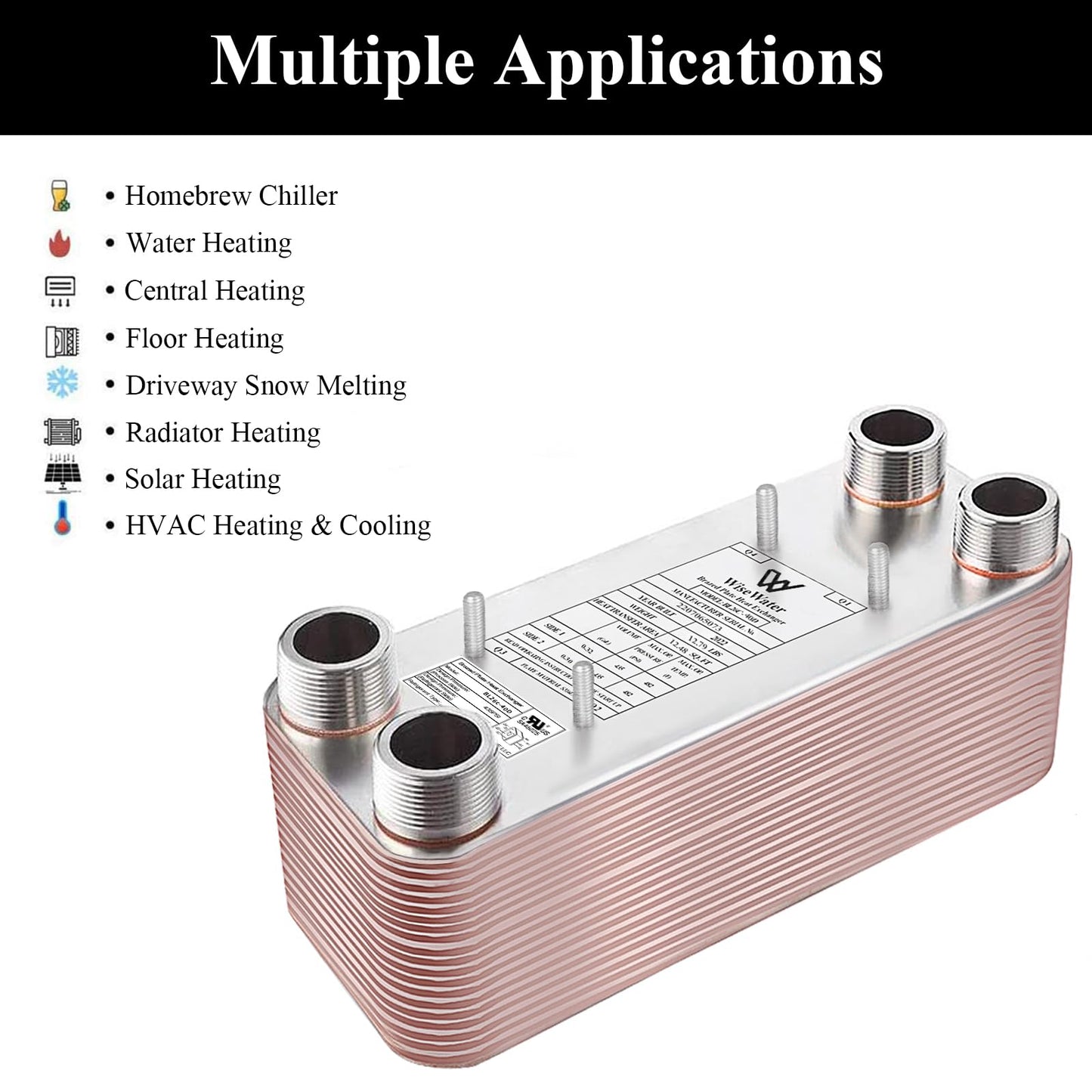AB Plate Heat Exchanger, 5"x 12" 100 Plates Water To Water Heat Exchanger, Copper/SS316L Stainless Steel Brazed Plate Heat Exchanger For Floor Heating, Water Heating, Snow Melting