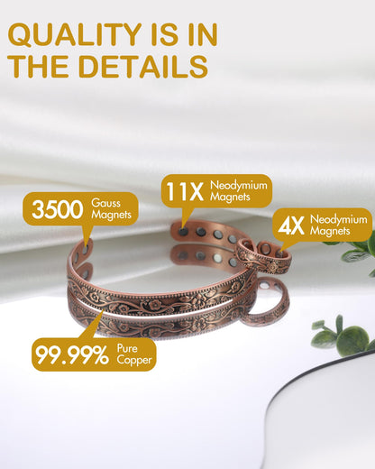 Feraco Copper Bracelet & Lymphatic Drainage Rings for Women, Vintage Flower Magnetic Cuff Bangle, 99.99% Pure Copper with Neodymium Magnets, Adjustable with Gift Box