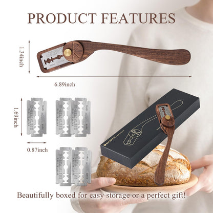 ROCKSHEAT Bread Lame Dough Scoring Tool with Blade Cover, Sourdough Scoring Tool with 5 Feather Blades, Scoring Knife for Bread Baking, Dexterous-Cut Series Lame Bread Tool (ELEGANT)