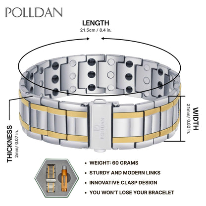 POLLDAN® Mens Magnetic Bracelet with 6200 Gauss Power | 3X Strength Mens Bracelet | Titanium Bracelets for Men with Fold-Over Clasp, Adjustable Length, Gift Box | Mens Wrist Jewelry (Silver&Gold)