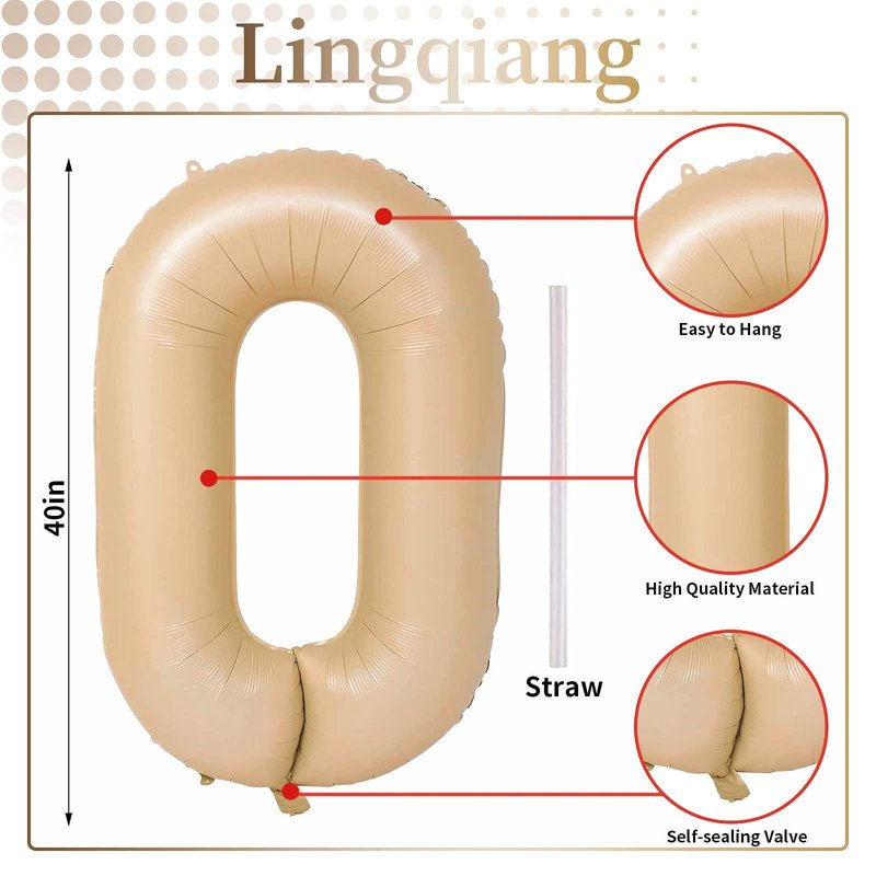 Nude 0 Balloons, 40 Inch Large Tan Foil Number Balloons Set 0-9, Self Inflating Digital 0 Helium Balloon for Boys Girls Men Women 10th 100th Age Birthday Anniversary Party Decorations Supplies