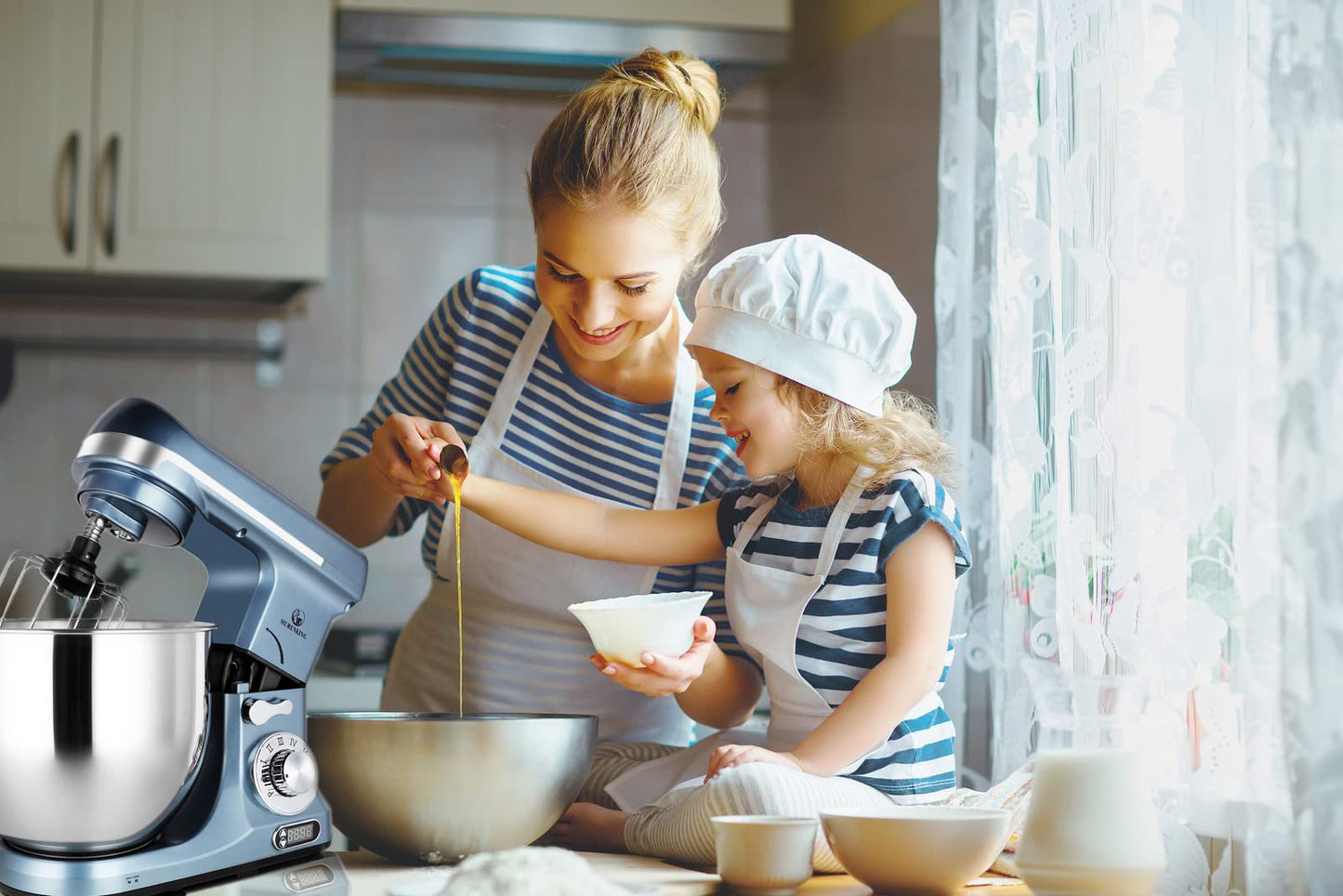 MURENKING Professional Stand Mixer, 6-Qt with Timer, MK37 500W 6-Speed Tilt-Head Food Electric Mixer Kitchen Machine,Plastic (Silver Blue)
