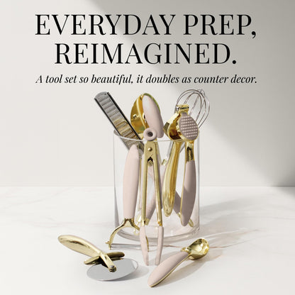 Gold and Beige Kitchen Utensils Set – 8 PC Cooking Gadgets with Mini Gold Whisk and Tongs, Pizza Cutter, Garlic Press, Cheese Grater, Peeler, Can Opener, Scoops – Stylish Beige Kitchen Accessories