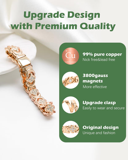 Jeracol Copper Bracelets for Women, Ultra Strength Magnetic Bracelets with 3800 Gauss Magnets & Sparkling Cubic Zirconia, Pure Copper Clover Jewelry with Ring