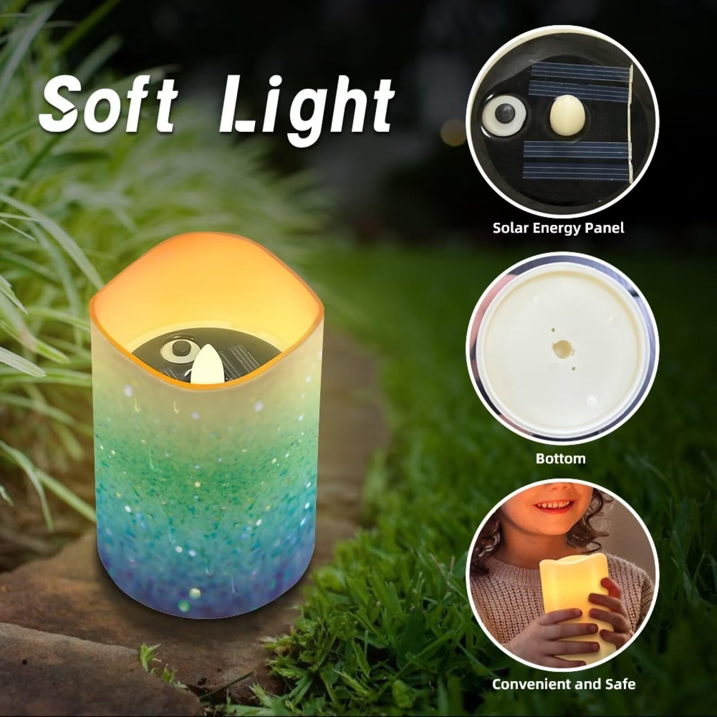 HUISEFOR Glitter Candles Solar Powered Flameless Taper Candles Flickering Electric Tealights Candles with Dancing Flame Dusk to Dawn Solar Power Candles for Home Landscape Romantic Night Decor