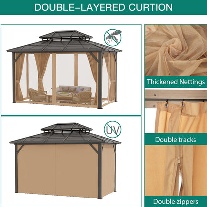10'x13' Hardtop Gazebo, Outdoor Polycarbonate Double Roof Canopy, Aluminum Frame Permanent Pavilion with Curtains and Netting, Sunshade for Garden, Patio, Lawns (10x13ft)