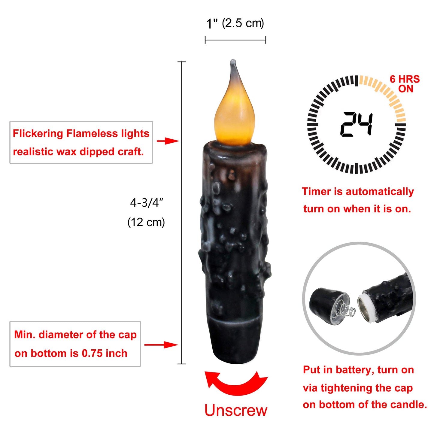 CVHOMEDECO. Real Wax Hand Dipped Battery Operated LED Timer Taper Candles Country Primitive Flameless Lights Décor, 4-3/4 Inch, Matt Black, 3 PCS in a Package