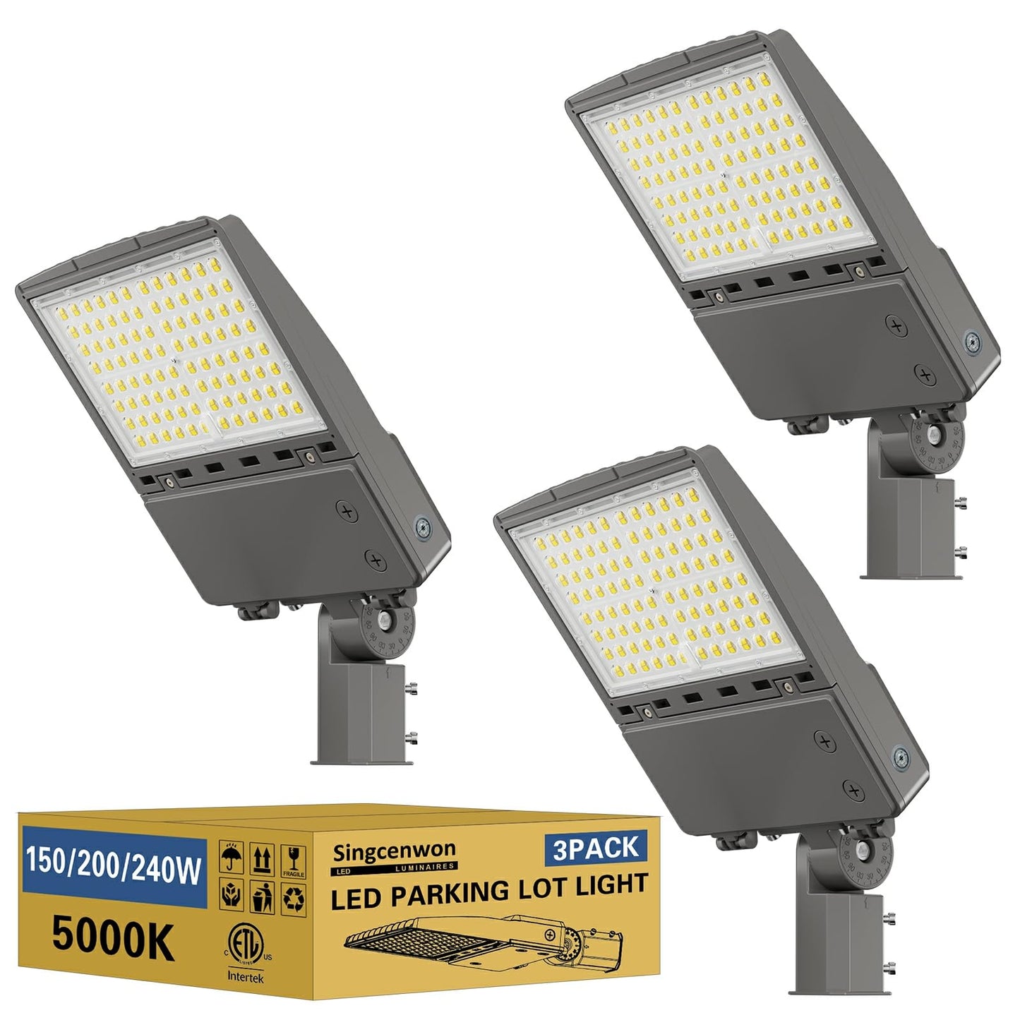 240W LED Parking Lot Light 3Pack: 150/200/240W Selectable, 38400LM 5000K LED Pole Light with Photocell, Slip Fitter Mount LED Shoebox Light for Yard Driveway Stadium Roadways, IP65 100-277VAC, ETL