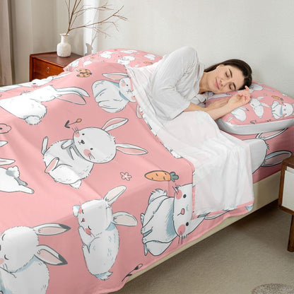 Erosebridal Cute Rabbit Sheet Set Cartoon Bunny Rabbit Pink Fitted Sheet Groovy Flowers Print Bed Sheets Easter Decor Flat Sheet for Kids Boys Girls King Size with 2 Pillowcases