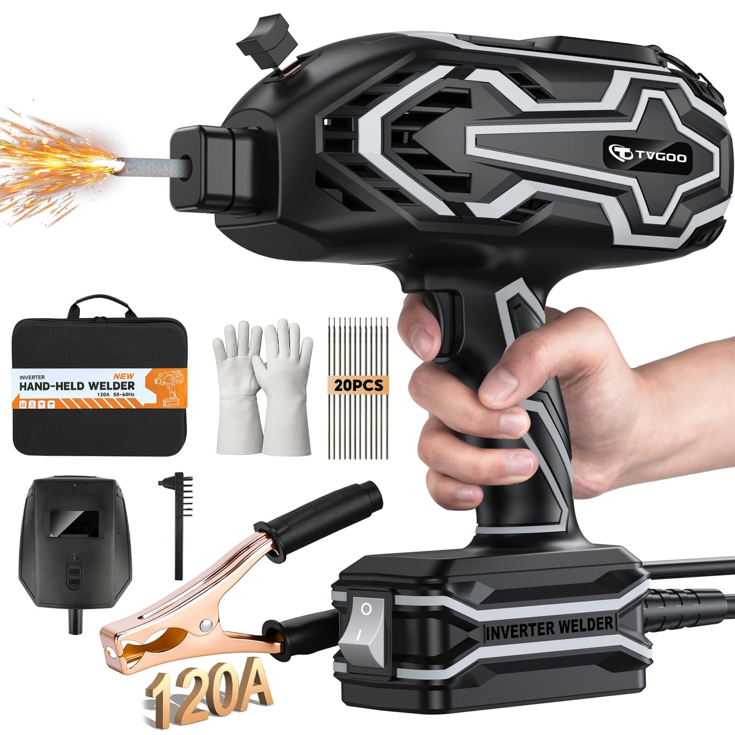 Tvgoo Portable Handheld Welding Machine - Digital Display & Memory Function, 120A 110V IGBT ARC Welder, Hot Start/Anti-Stick for 3/32"-1/8" Rods, Gift for Man (Grey)