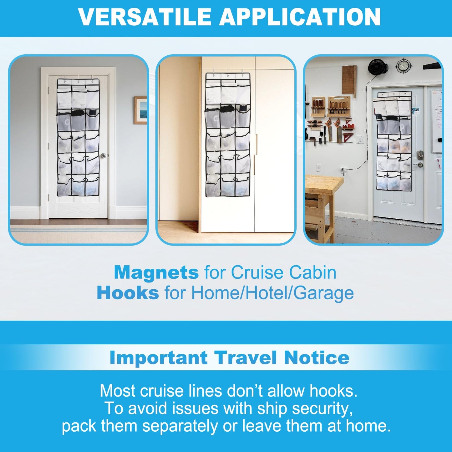 Cruise Magnetic Door Organizer with Hooks – 15 Large Pockets, Strong Anti-Scratch Magnets, Over-the-Door Cruise Essentials Storage for Cruise Cabins
