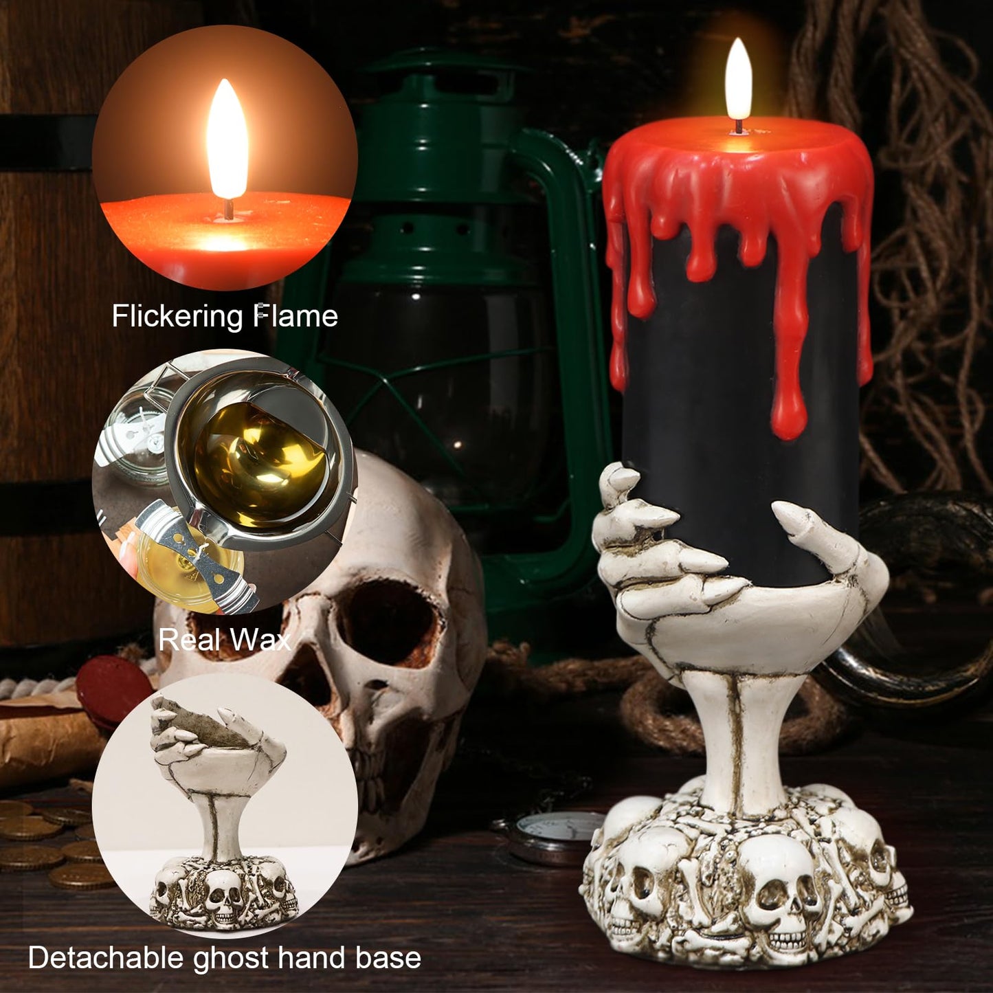 Lasumora Halloween Decorations Black Flameless Candles with 6H Timer, Battery Operated Candles with Skull Hand Candle Holder, Real Wax Dripping Halloween Candle Spooky Halloween Decor Indoor