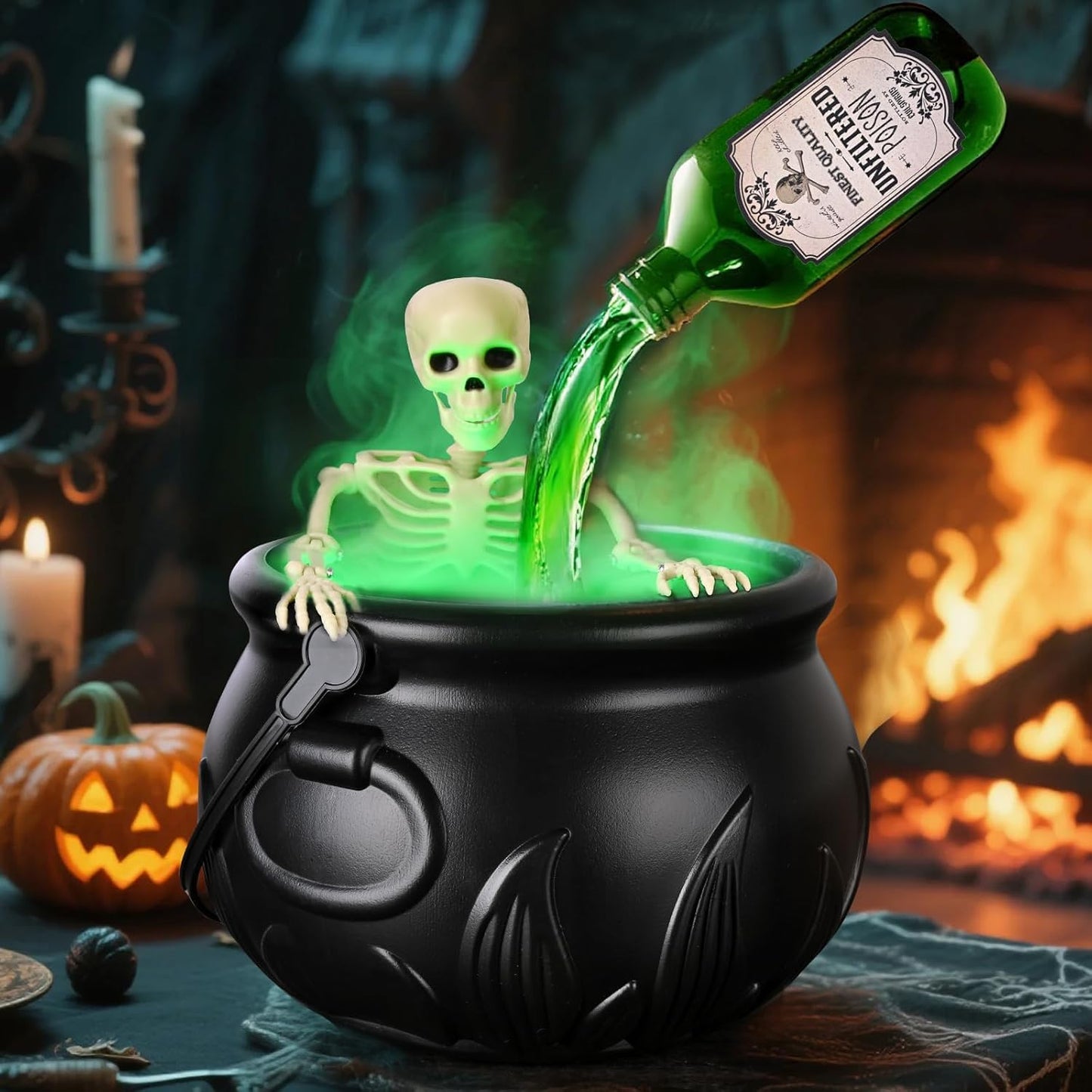 Halloween Decorations Indoor, Cauldron Halloween Decor with Magic Floating Potion Bottles and Diffuser - Black Witches Bowl Hocus Pocus Party Decoration for Spooky Home Kitchen Table (10in/25cm)