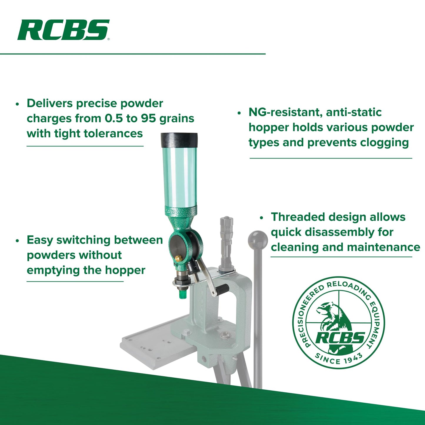 RCBS Uniflow III Powder Measure - 0.5–95 Grain Range - Precision Reloading Powder Dispenser with Anti-Static Hopper - Rifle and Pistol Compatible