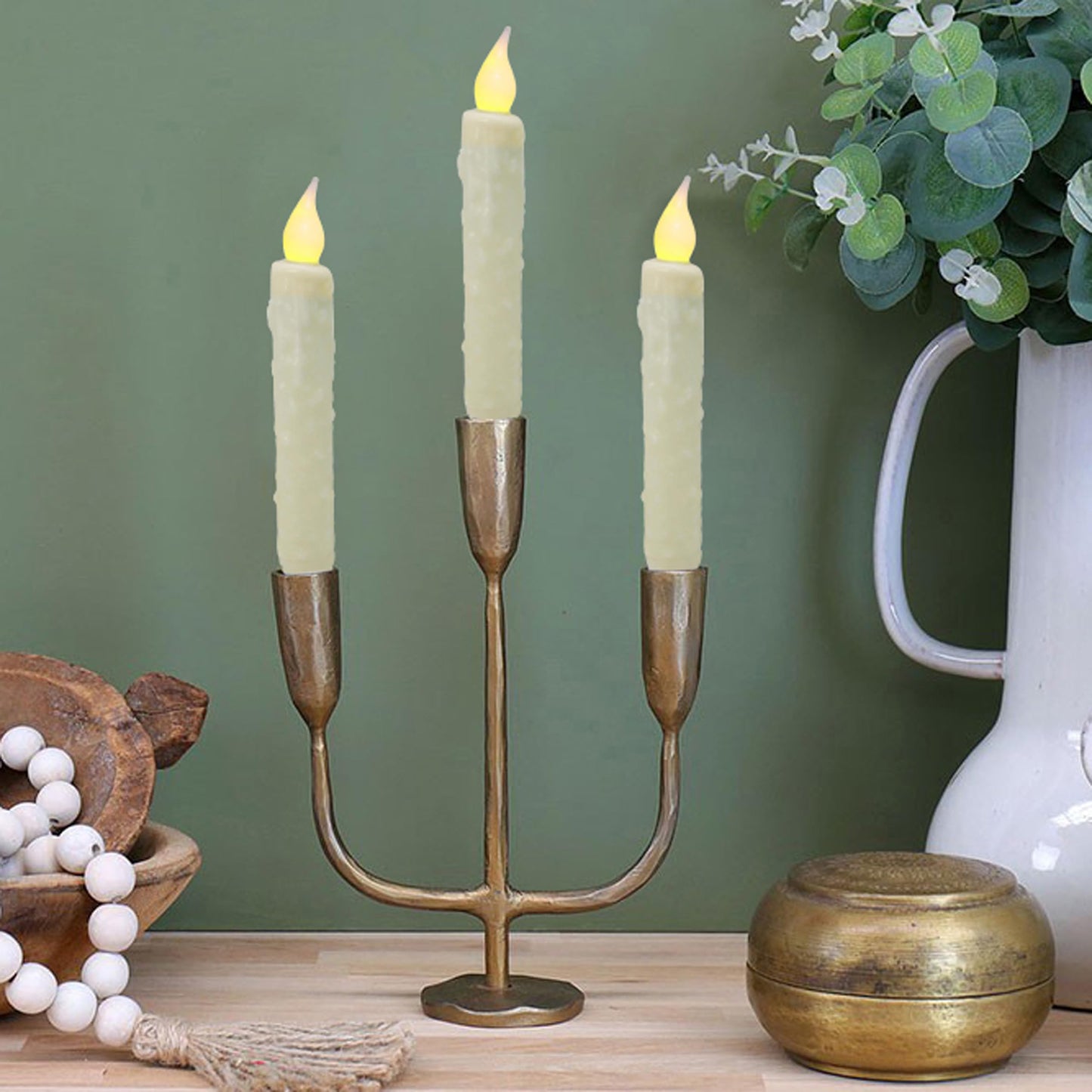 CVHOMEDECO. Real Wax Hand Dipped Battery Operated LED Timer Taper Candles Rustic Primitive Flameless Lights Décor, 6-3/4 Inch, Ivory, 6 PCS in a Package