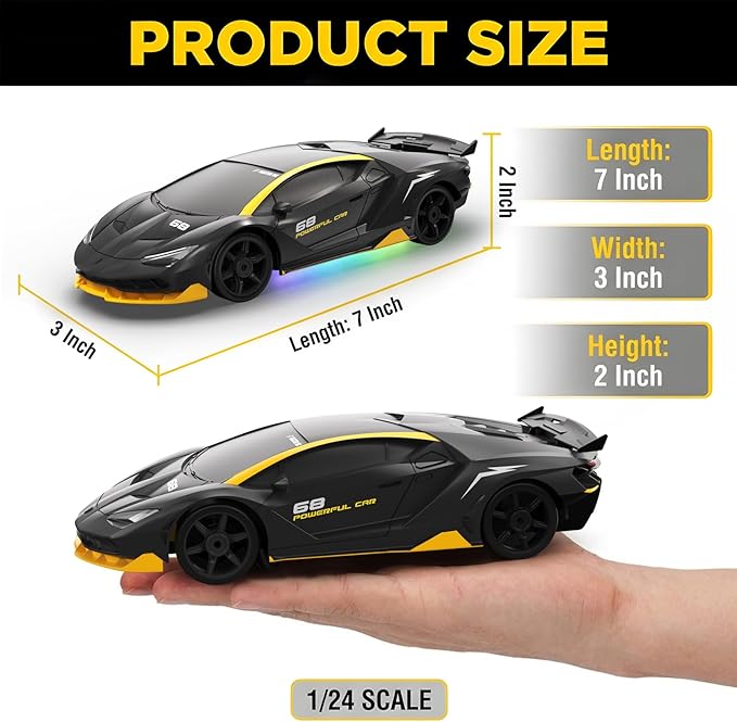 RC Drift Car 1:24 Remote Control Car 4WD 15KM/H High Speed Racing Sport Car with LED Lights RC Cars Toy for Kids Boys Girls Adults Gifts Birthday Christmas Rechargeable Batteries (Black-1)