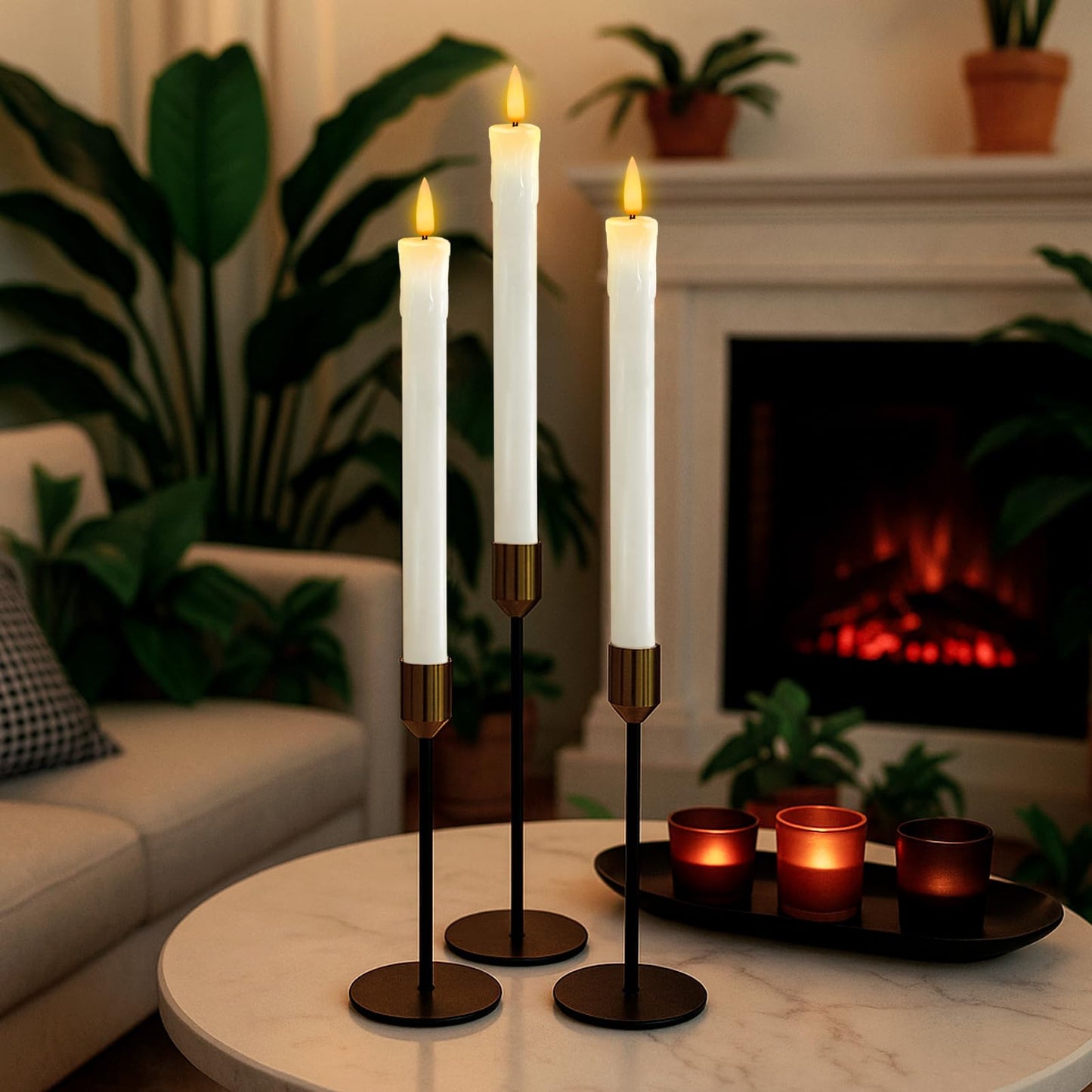 Homemory 6 PCS Real Wax Flameless Taper Candles with Remote, Flickering LED Candlesticks with Timer Dimmer, Fake Candles for Xmas Wedding Celebration Decor, White, 9.6 Inches