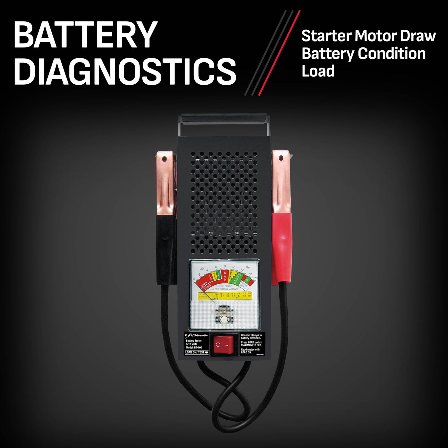 Schumacher Electric 100A Car Battery Load Tester and Voltmeter, for 6V/12V Batteries Up to 1000 Cranking Amps, Charging System Diagnosis, BT-100, for Power Sport, Automotive, and Marine Batteries