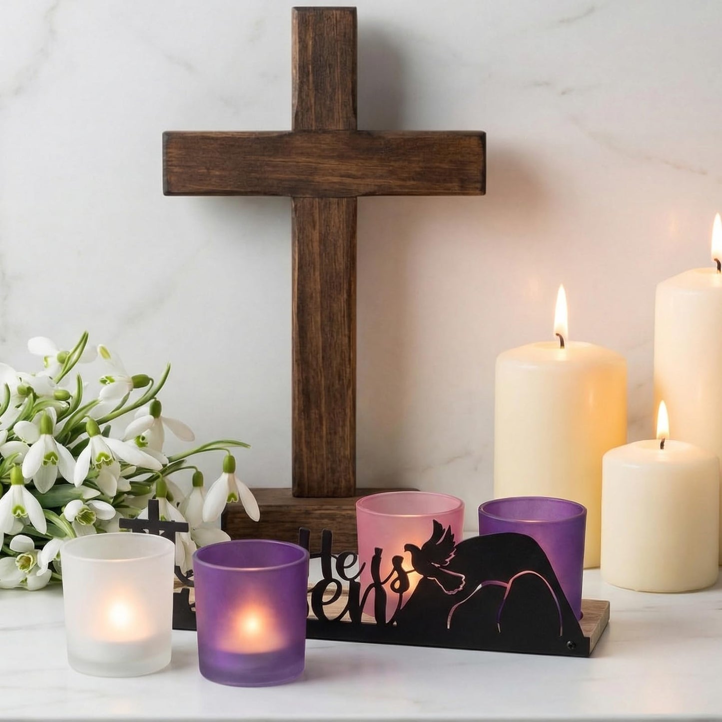 SYFURNIX He is Risen Easter Decor, 4 Glass Votive Tealight Candle Holders & 1 Wooden Tray, Easter Religious Decor for Church Event Pray Table Centerpiece, Christian Gift