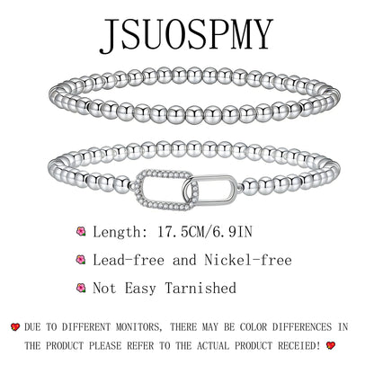 Silver Beaded Bracelets for Women 14K Silver Zirconia-square Bracelet Handmade Stackable Bracelets for Women Trendy Non Tarnish Bracelet Jewelry Gift for Womens 2Pcs (09.Zirconia-square+Beaded (Silver))